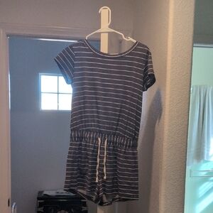 Girls Navy Stripe Short Romper with Drawstring